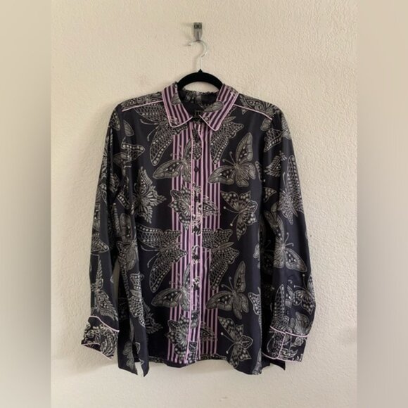 Johnny Was Womens Patsie Button-Up Silk Shirt Size Medium Black White - Picture 1 of 11